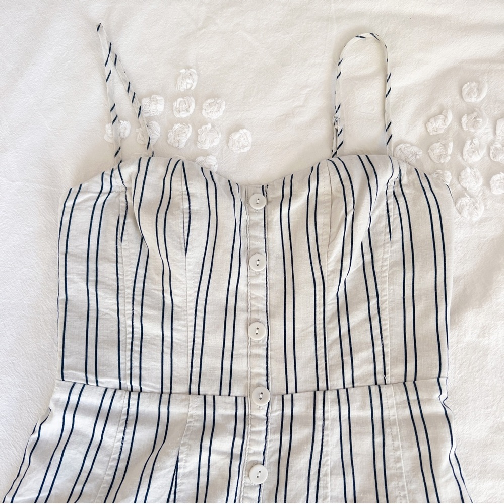 White & Blue Vertical Stripe Button Up Mini Dress - image 4